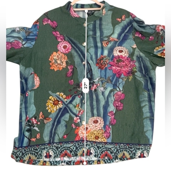 Citron butterfly flower button down blouse novelty print 1X split sleeve - Picture 5 of 10